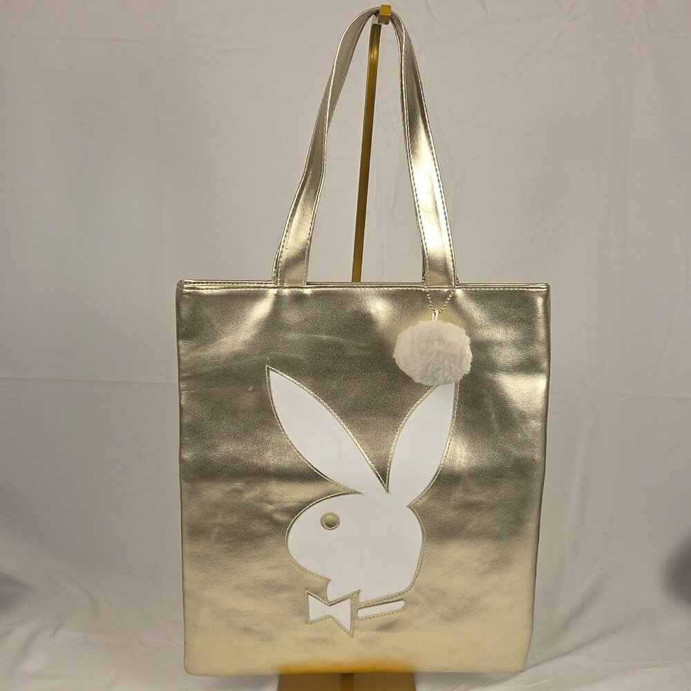 Vintage Y2K Playboy Metallic Gold Tote Bag White Bunny Logo Pink Logo Lining - Picture 3 of 9